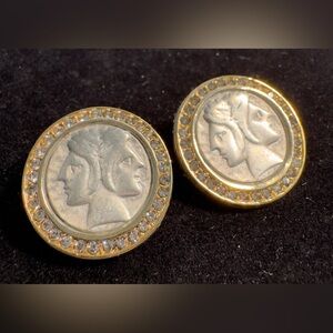 Vintage-style "Janus" coin earrings, attributed to designers like La Blanca.